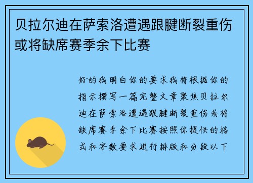 贝拉尔迪在萨索洛遭遇跟腱断裂重伤或将缺席赛季余下比赛