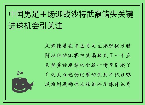 中国男足主场迎战沙特武磊错失关键进球机会引关注